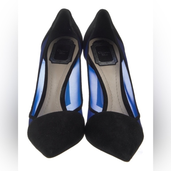 CHRISTIAN DIOR Black Suede And Blue Mesh Pointed Toe Pumps & Dust Bag Size 34.5 - Picture 2 of 11